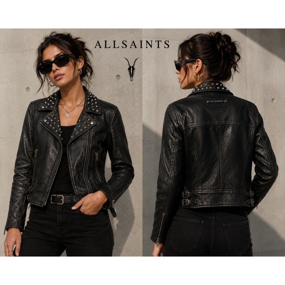 AllSaints Spitalfields Studded Black Leather Biker Jacket Size 6 AS991749